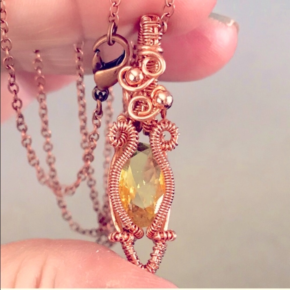 Citrine stone wire wrapped in copper with chain artesian created Handmade